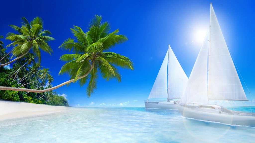 Attractive Oasis Beach With Sailboats Fhd Wallpaper