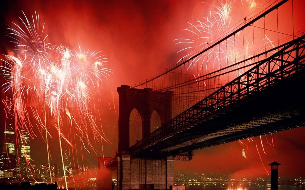 Celebration Fire Crakers New York City Brooklyn Bridge Fhd Wallpaper