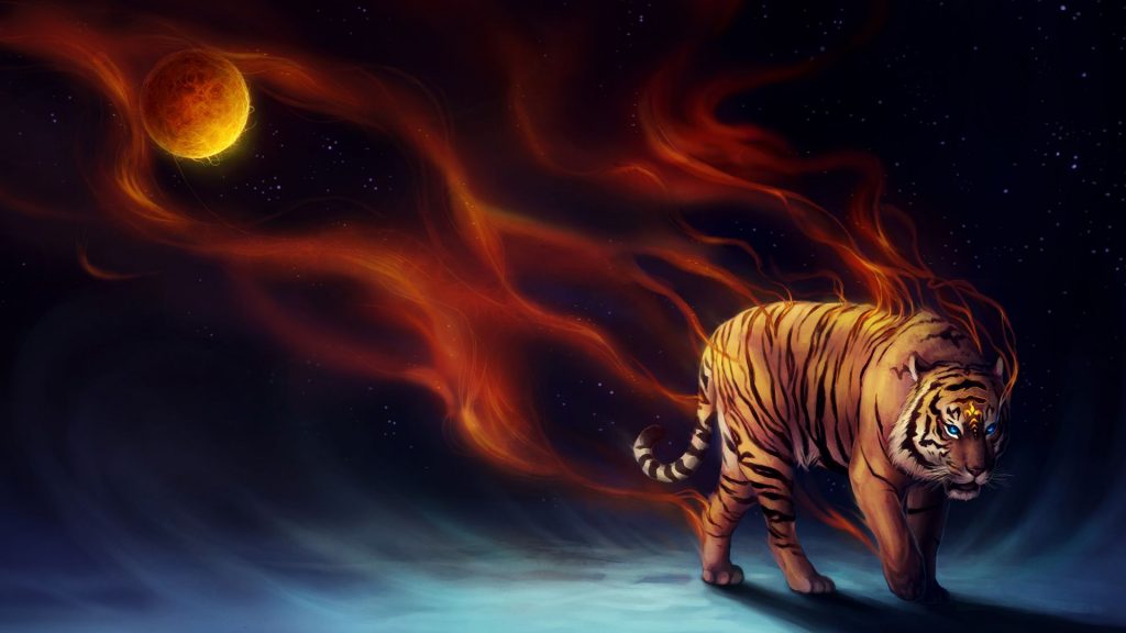 Digital Tiger With Fire Fhd Wallpaper