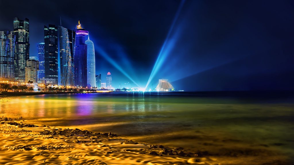 Doha Qatar Skyline Colorful Lightings Fhd Wallpaper