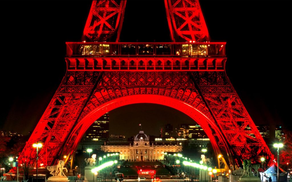 Eyecatching View Of Red Eiffel Tower At Night Fhd Wallpaper