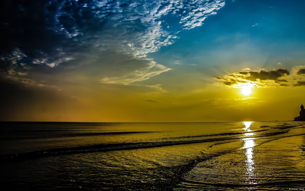 Fantastic Sunset At Evening Beach Fhd Wallpaper