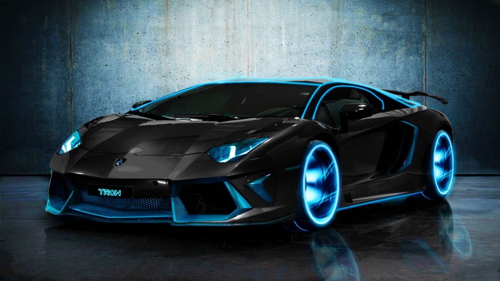 Glowing Black And Blue Tron Lamborghini Aventador Fhd Wallpaper