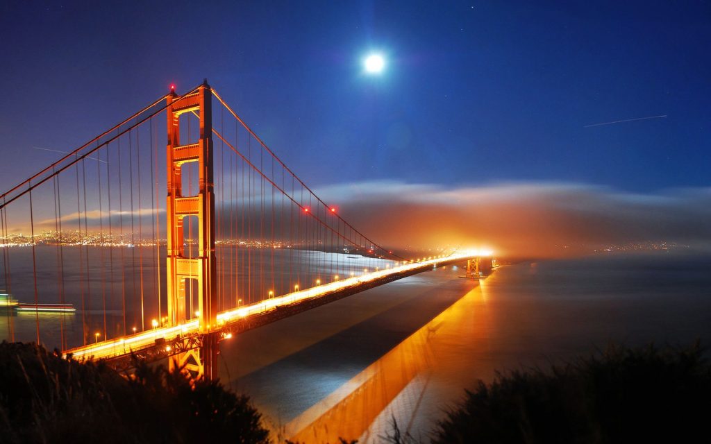 Golden Night Lights Reflects San Francisco Bridge Fhd Wallpaper