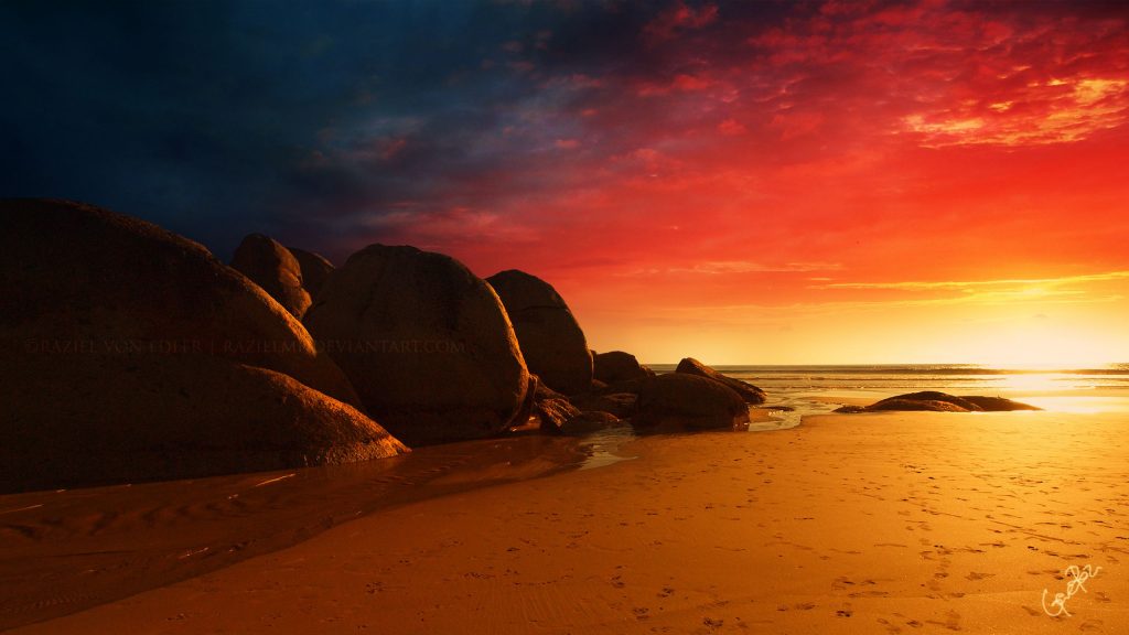 Golden Sunrise Colour Blends Beach View Fhd Wallpaper