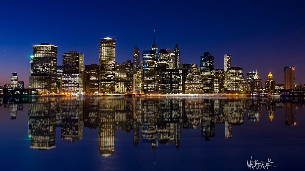 Manhattan City Night Reflection Fhd Wallpaper