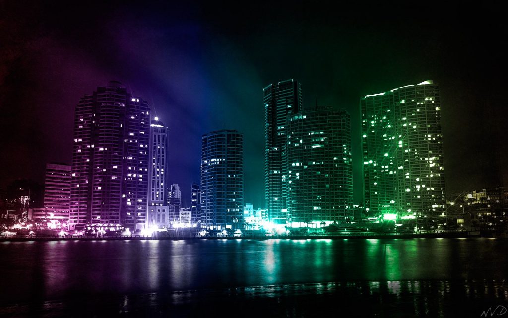 Rainbow Lightings City On Night Fhd Wallpaper