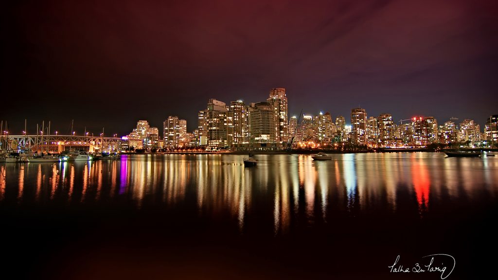 Vancouver City Night Reflection Beautiful View Fhd Wallpaper
